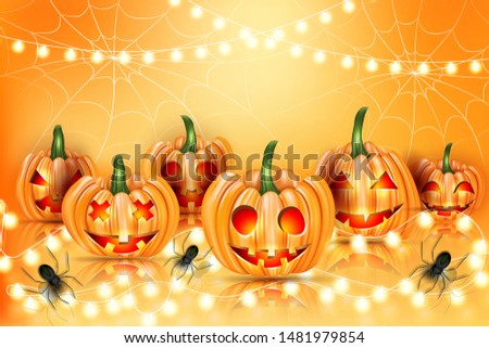 Haloween realistic illustration design with pumpkins with creepy cut out faces, spiders, and haning lights garland on orange background. Vector illustration.