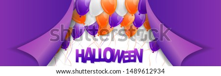 Halloween banner design. Orange and purple ballons. Pill off paper effect. Vector illustration.