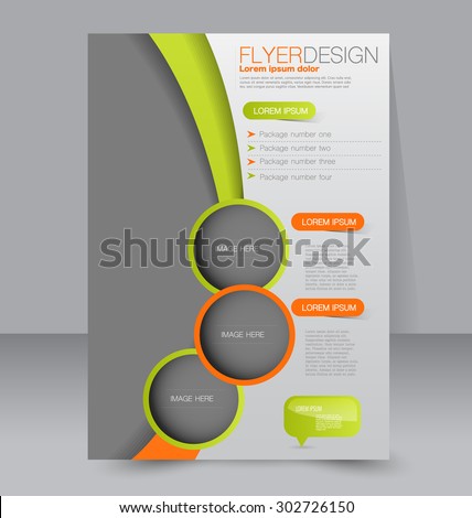 Flyer template. Business brochure. Editable A4 poster for design, education, presentation, website, magazine cover. Green and orange color.