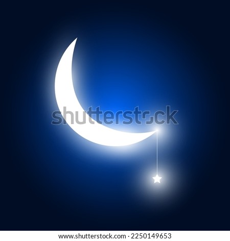 Half moon with star, light shadow on dark background, vector illustration.