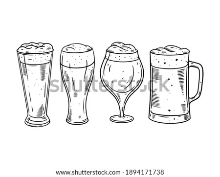 Hand drawn beer glasses set. Vintage style. Black color vector illustration. Design for bar, cafe, menu.