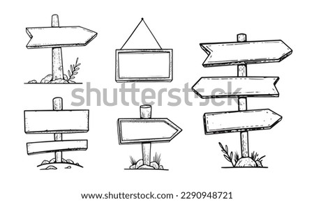 Wooden sign set hand drawn monochrome style vector illustration.