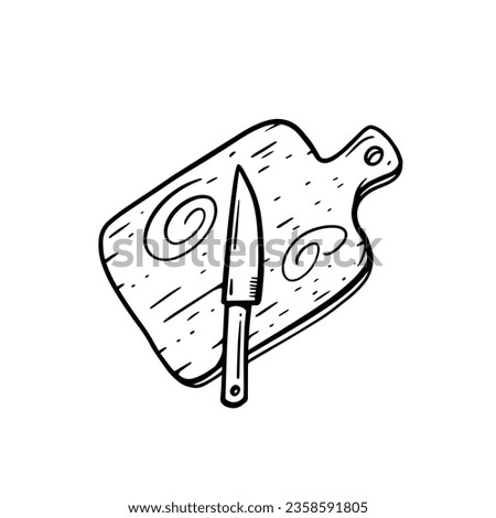Wooden cutting board and kitchen knife. Black color sketch art style. Flat design vector illustration. Isolated on white background.