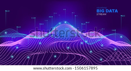 Wave Bigdata Illustration. Neon Particle Matrix Background. Futuristic Technology Stream. Violet Future Big Data Network. Particle Light Background. Glow Big Data Stream.