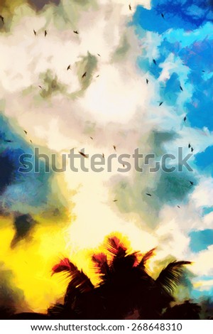 Tropical birds flying at evening sky - oil painting