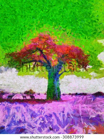 acid colors African Baobab tree landscape psychedelic oil painting