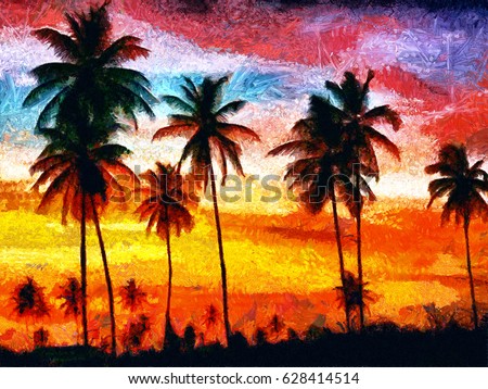 The Canvas Art Gallery Palm Trees Sunset Colorful Sky Oil Painting