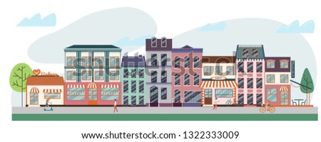 Urban street with different shops and stores, including bakery, coffee shop, restaurant, market. Vector illustration of strip mall shopping center.