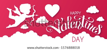 Happy Valentine's day! Papercut design template with lettering, cluds. heart and Cupid.