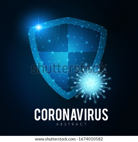 Coronavirus COVID-2019 on blue background. Virus 2019-nCoV cells. Heath security design with shining shield.
