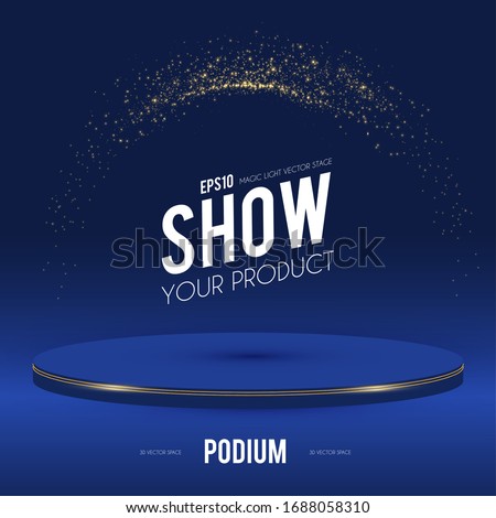 Round Podium. Scene, pedestal and 3D platform with gold glitter effect. Advertising, award and win design. Show and sale background. Realistic presentation mockup.