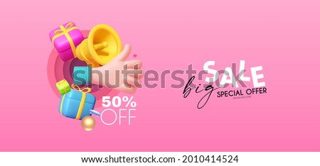 3D Sale gold design with megaphone. gift boxes and thumbs up hand. Special offer render space.