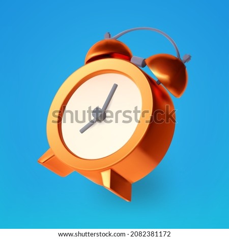 3D alarm clock. Realistic retro alarm ringing clock isolated on blue.