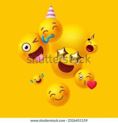 Joy, happy and fun. Yellow balls with faces. Emotion expression . Holiday, singing, joy, fun, party, laughter, music, concert, birthday, win and special offer