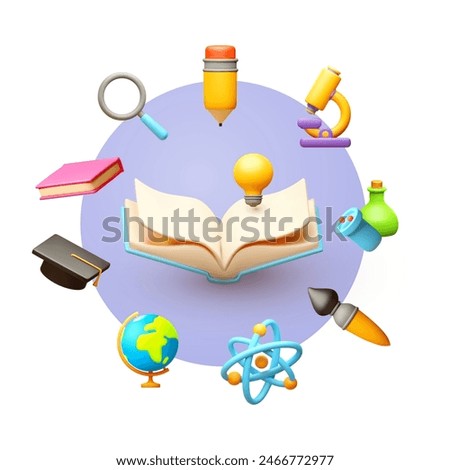 Education concept. E-learning design with open book and symbols of sciences.