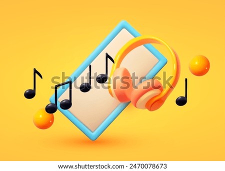 Music player on mobile phone. Online music streaming concept. 3D cartoon render design.