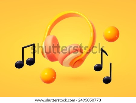 3d music concept. Headphones and flying notes