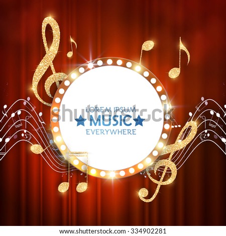 Elegant Gold Music Circle Banner with Notes & Treble Clef on Stage Curtain. Shining Design. Vector illustration