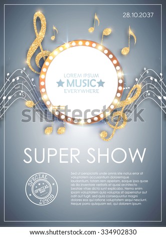 Music Poster Template with Circle Banner, Notes & Treble Clef. Shining Design. Vector illustration 