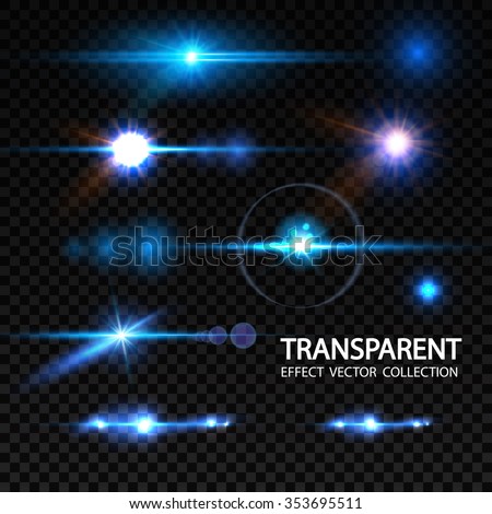 Realistic Lens Flare Elements Collection. Light Effect Transparent Design. Vector illustration