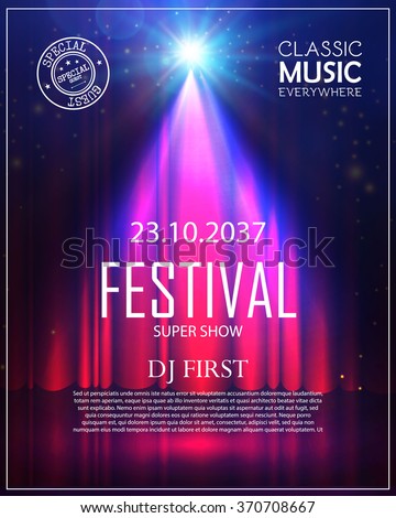 Festival Poster with Spotlight. Concert, Party, Theater, Dance & Show Design. Empty Scene with Stage Curtain. Poster Template with Light Effect. Vector illustration