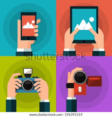 Set of hands holding smart phone, tablet, video and photo camera. Flat style