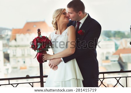 groom holds the bride Kissing on the lips