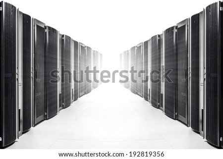 row of server racks with strong light from the end