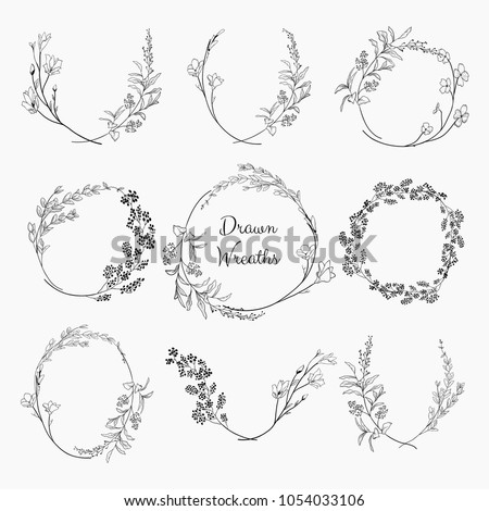 Set of 9 Black Doodle Hand Drawn Decorative Outlined Wreaths with Branches, Herbs, Plants, Leaves and Flowers, Florals. Vector Illustration. Frames, Circles