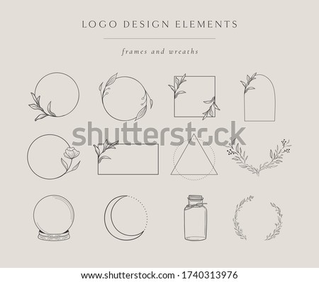 Collection of vector hand drawn logo design elements, geometric floral frames, borders, wreaths, detailed decorative illustrations. Trendy Line drawing, lineart style