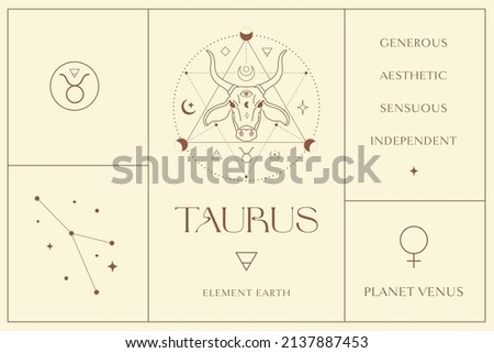 Taurus Zodiac Sign Design, Esoteric Abstract Logo, Mystic Spiritual Symbols, Icons. Astrology, Moon and Stars, Magic Esoteric Art