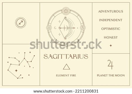 Sagittarius Zodiac Sign Design, Esoteric Abstract Logo, Mystic Spiritual Symbols, Icons. Astrology, Moon and Stars, Magic Esoteric Art.