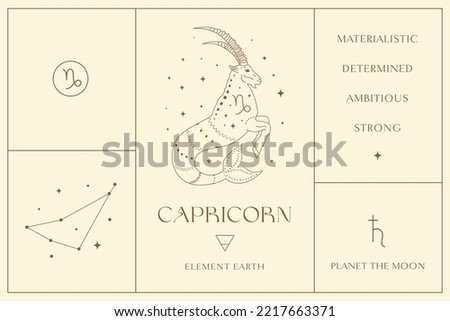 Capricorn Zodiac Sign Design, Esoteric Abstract Logo, Mystic Spiritual Symbols, Icons. Astrology, Moon and Stars, Magic Esoteric Art.