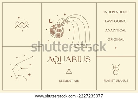 Aquarius Zodiac Sign Design, Esoteric Abstract Logo, Mystic Spiritual Symbols, Icons. Astrology, Moon and Stars, Magic Esoteric Art.