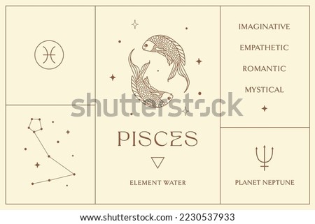 Pisces Zodiac Sign Design, Esoteric Abstract Logo, Mystic Spiritual Symbols, Icons. Astrology, Moon and Stars, Magic Esoteric Art.
