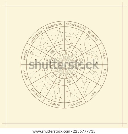 Zodiac Constellation Map, Esoteric Abstract Logo, Mystic Spiritual Symbols, Icons. Astrology, Moon and Stars, Magic Esoteric Art.
