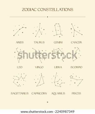 Zodiac Constellation, Esoteric Abstract Logo, Mystic Spiritual Symbols, Icons. Astrology, Moon and Stars, Magic Esoteric Art.