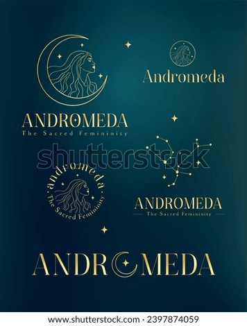 Golden Andromeda. Stellar Star Logo Concept. Constellation Logo.
Minimalist Femininity clean and simple Stellar design element. Vector Graphic.