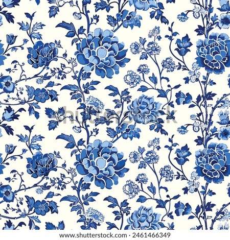 Chinese Traditional Ornament Seamless Pattern. Toile pattern, in elegant blue hues, boasts intricate Chinoiserie floral details. Perfect for print designs, this vector image adds timeless charm. 04