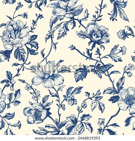 Toile De Jouy Vintage Floral Seamless Pattern Elegant Vector Graphics.
Featuring delicate florals, wildflowers and romantic motifs. This seamless pattern is crafted to perfection.