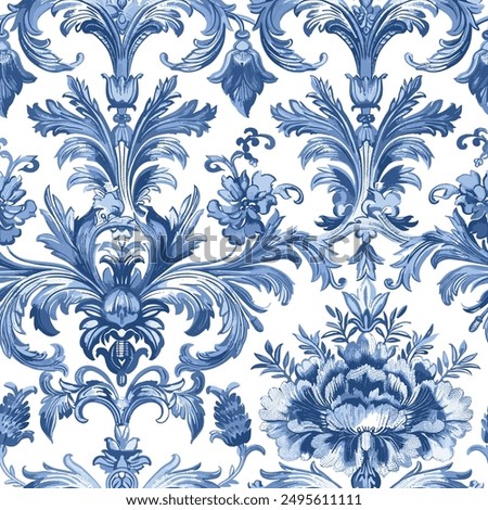 Antique Vintage Arabesque Ornament With Floral Motifs Toile de Jouy Seamless Pattern. Blue color palette. Victorian Baroque Art Vintage Charm Seamless Pattern, Inspired by Floral Chinoiseries