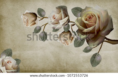 Photo Wallpapers roses painted with oil paint. 3D rendering.