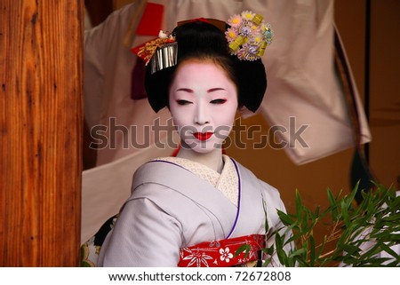 KYOTO - JAN 11:Unidentified geisha participates on a traditional New Year ceremony held on January 11 2010 in Gion district, Kyoto, Japan .The ceremony takes in an ancient Shinto Temple.