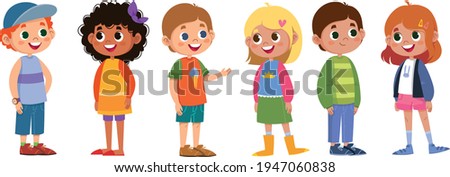 Children schoolchildren vector set. Boys and girls laugh and play. The black-skinned woman is beautiful, red-haired, blonde, fair-haired. Cartoon characters are standing. Illustration funny clipart cu