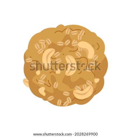 Oatmeal cookies with peanut and cashew pieces. Cookies for illustration of dessert for children in cartoon style. Vector baking clipart isolate on white background. Home baking, cookie icon.