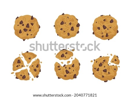 A set of assorted oatmeal cookies with dark chocolate pieces. Cartoon cookies and biscuits isolated on white background. Vector illustration of a bakery and cooking symbol. Cute print.