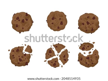 A set of assorted oatmeal chocolate chip cookies with dark chocolate pieces. Vector illustration of a bakery and cooking symbol. Cartoon cookies and biscuits isolated on white background