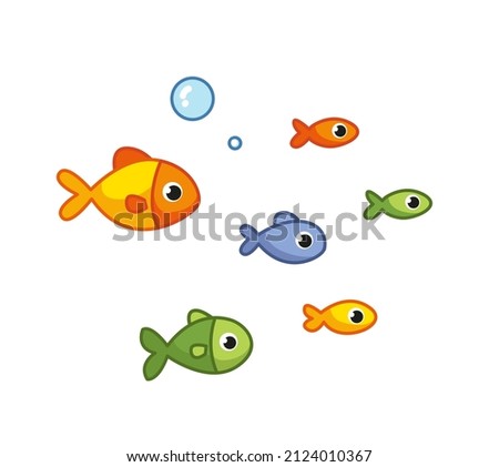 A flock of small multi-colored fish babies. Vector illustration in cartoon childish style. Isolated funny clipart on white background. cute print