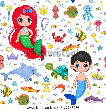 Seamless pattern with cute kids boy and girl with mermaid tails. Vector marine illustration with fishes, mermaids, turtle in a minimalistic flat style, hand drawn. Print for children