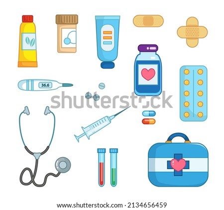 Set of doctor's medical items, medicine, stethoscope, pills, thermometer, ointment. Vector illustration in cartoon childish style. Isolated funny clipart on white background. cute print.